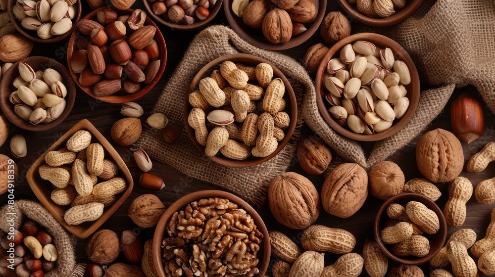 A rustic arrangement of nuts in various bowls and burlap, evoking a sense of tradition and natural wholesomeness A rustic arrangement of nuts in various bowls and burlap, evoking a sense of tradition and natural wholesomeness