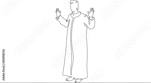 Catholic priest. Christian minister of worship. A full-length male priest in religious vestments. Religion.One continuous line . Line art. Minimal single line.White background. One line drawing. 
