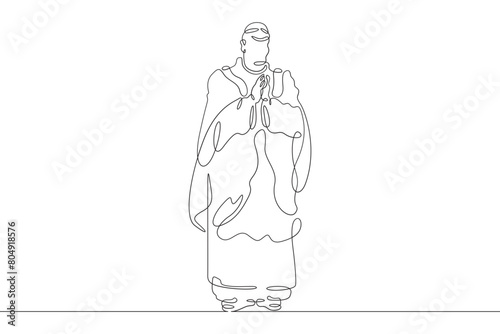 Catholic priest. Christian minister of worship. A full-length male priest in religious vestments. Religion.One continuous line . Line art. Minimal single line.White background. One line drawing. 