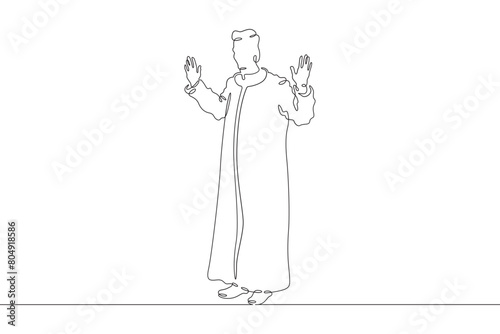 Catholic priest. Christian minister of worship. A full-length male priest in religious vestments. Religion.One continuous line . Line art. Minimal single line.White background. One line drawing. 