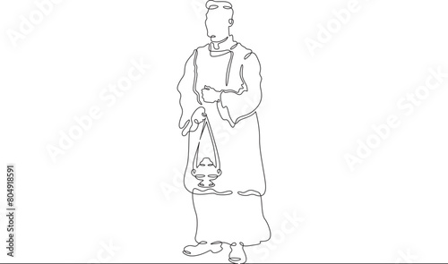 Catholic priest. Christian minister of worship. A full-length male priest in religious vestments. Religion.One continuous line . Line art. Minimal single line.White background. One line drawing. 