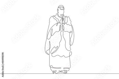 Catholic priest. Christian minister of worship. A full-length male priest in religious vestments. Religion.One continuous line . Line art. Minimal single line.White background. One line drawing. 