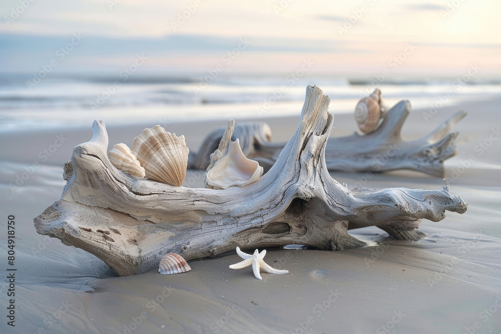 Sculptural Driftwood Art in Serene Beach Environment Sculptural Driftwood Art in Serene Beach Environment