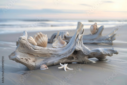 Sculptural Driftwood Art in Serene Beach Environment