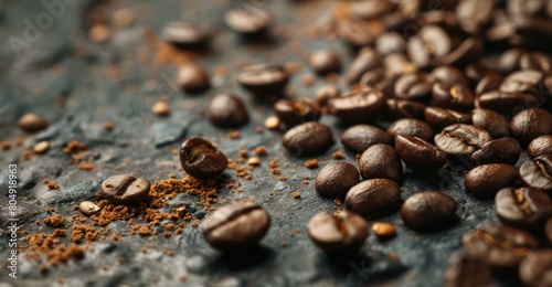 Macro photography showcasing the texture and detail of roasted coffee beans on a dark surface