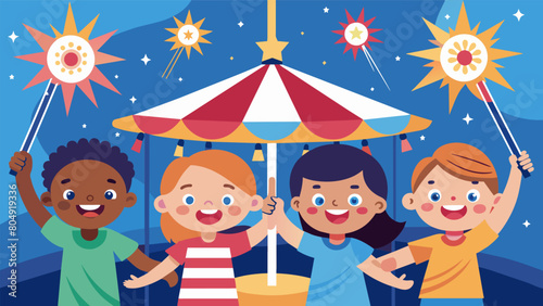 Children with faces painted in patriotic colors eagerly board the carousel their smiling faces illuminated by the bright sparklers in their hands.. Vector illustration