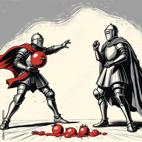 Two Knights Fighting and Wearing Medieval Armor Engraved Vintage