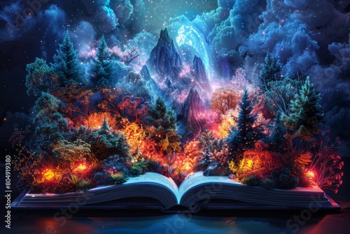 Teacher's Day, an open book with intricate papercraft designs of trees, grass and mountains emerging from the pages. The background is dark blue with a rainbow color gradient to the sky above.