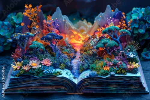 Teacher s Day  an open book with intricate papercraft designs of trees  grass and mountains emerging from the pages. The background is dark blue with a rainbow color gradient to the sky above.
