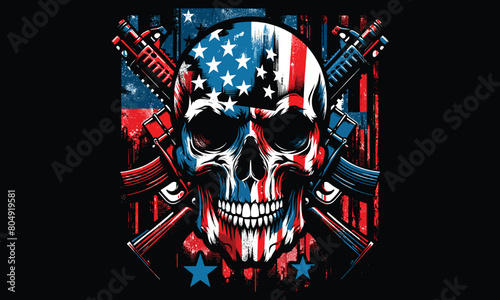 Skull, USA Flag With Guns, 4th Of July, Vintage T-Shirt Design.