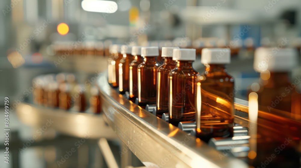 Shallow depth of field image showing a neat line of pharmaceutical glass bottles with liquid medicine in a production facility Shallow depth of field image showing a neat line of pharmaceutical glass bottles with liquid medicine in a production facility