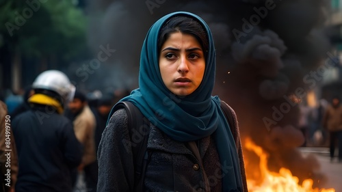 Iranian Girl in a Hood Intense Gaze from a Woman Against a Backdrop of Flames, Fashionable Woman in a Dark Hood A Cool and Intense Look with a Hint of Fire, Hooded Teenager Sad and Strong Woman Gazing
