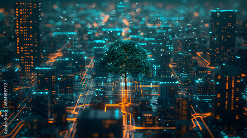A tree is growing on a azure light cyber semiconductor chip. Nature and technology emerged. Green Cyber City: AI Cyber Technology for Sustainable Urban Environment Development