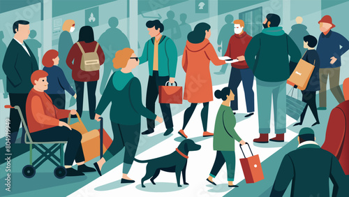 A busy shopping center coming to a standstill as a person with PTSD and their service dog make their way through.. Vector illustration