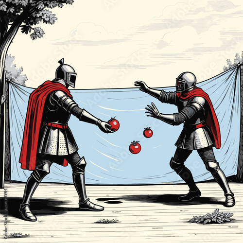 Two Knights Fighting and Wearing Medieval Armor Engraved