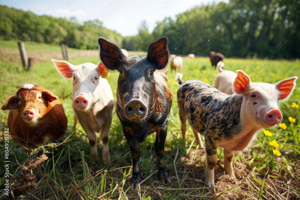 Happy Farm Animals Roaming Freely in Pasture Happy Farm Animals Roaming Freely in Pasture