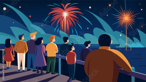 People of all ages lined up along the boardwalk their faces lit up with awe and wonder as they watch the stunning pyrotechnic show.. Vector illustration