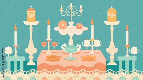 The wedding reception is transformed into a vintage wonderland with the help of thrifted candlesticks lace table runners and delicate teacups found at. Vector illustration