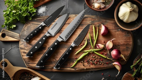 A set of sophisticated chefs knives expertly crafted and designed for precision and ease of use. photo