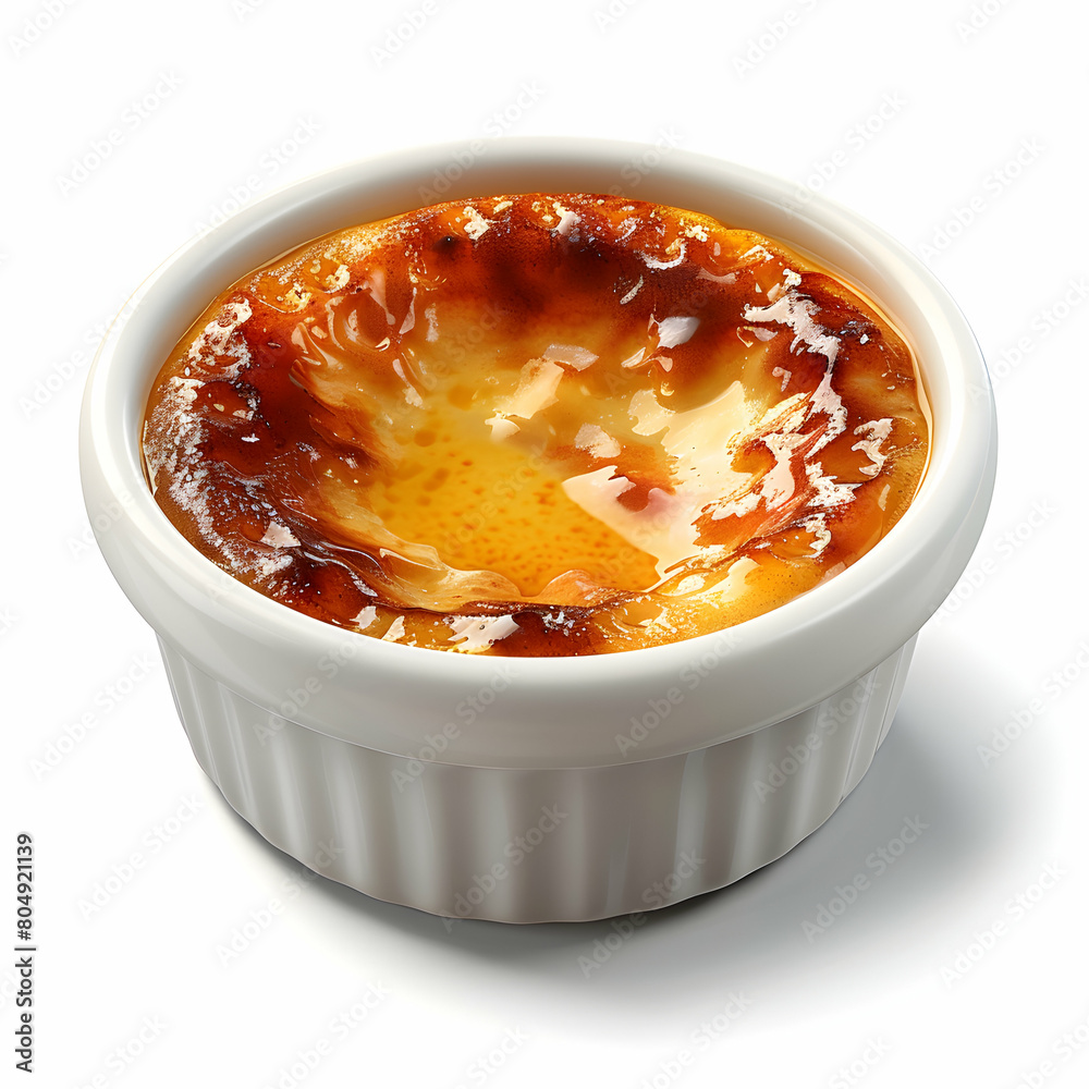 Focusing on the Caramelization of Sugar: Close-up 3D Flat Icon of Golden Caramelized Cr?me Br?l?e on White Background Focusing on the Caramelization of Sugar: Close-up 3D Flat Icon of Golden Caramelized Cr?me Br?l?e on White Background