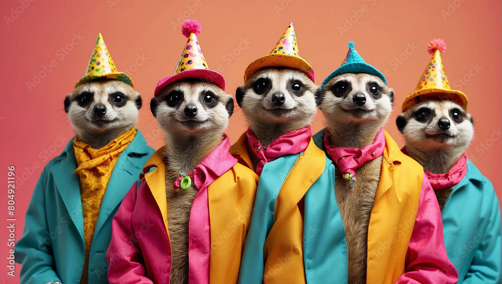 four meerkats wearing colorful outfits and hats.

