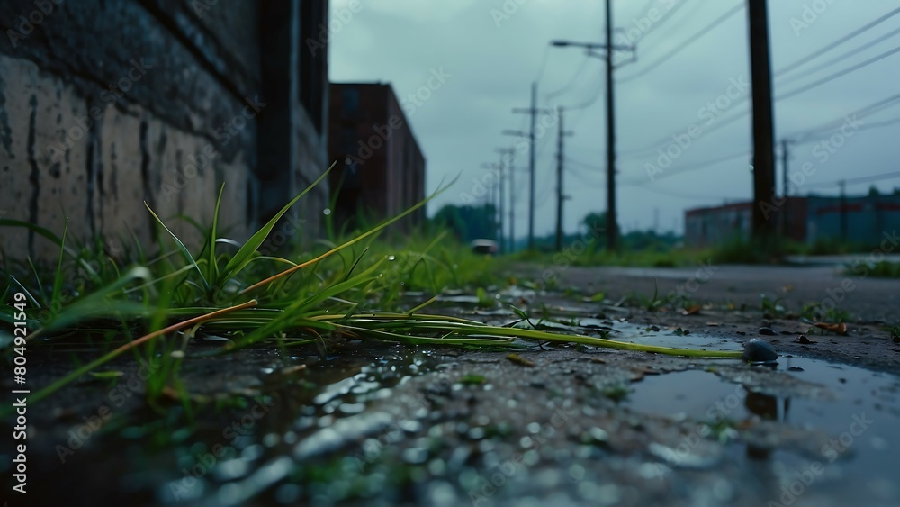 Raindrops on the asphalt in the city. Shallow depth of field.