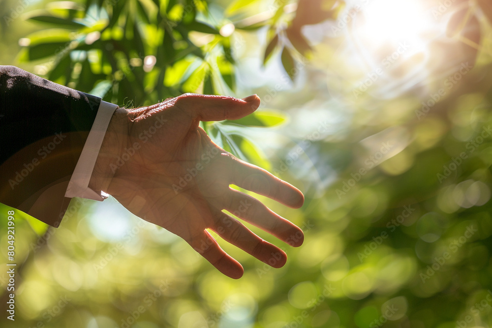 Hands of a person in green leaves. People protect pollution and climate change, Nature protection, Environmental conservation, Environmental, climate change, blur green forest background, negotiation