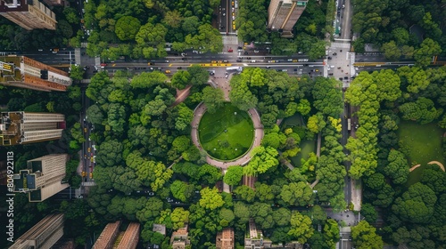 This captivating aerial shot exhibits an urban park bordered by city streets  showcasing the contrast between nature and man-made structures