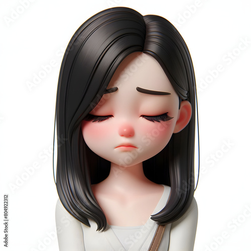 Asian cartoon character girl, young women portrait, female, sad mood, feeling expression concept, eyes close, 3d style, isolated on a white background