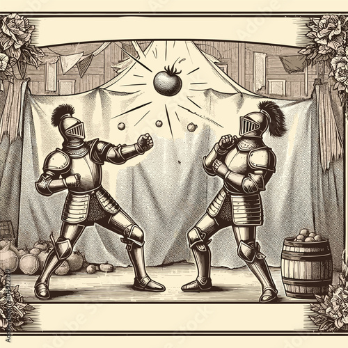 Two Knight Fighting and Wearing Medieval Knight Armor Engraving Style