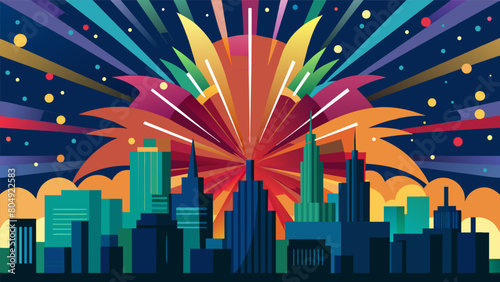 A spectacular fusion of colors and patterns as fireworks burst shine and fade creating a mesmerizing display above the city.. Vector illustration