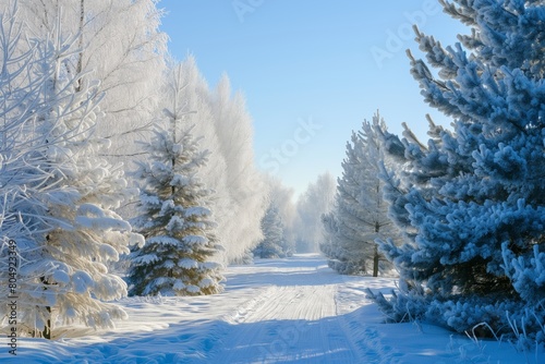 a snow-covered road through the taiga