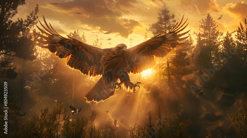 Embracing the Magic: Transformation into an Eagle in the Heart of a Sunset Forest photo
