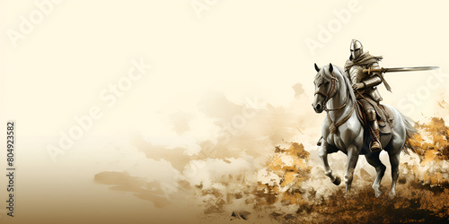 An Arabian warrior with sword raised on horses running fast in the Arabian desert at sunset
 photo