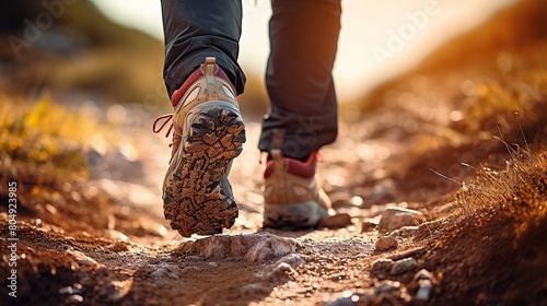 Footsteps of climbers wearing shoes walking over a rocky mountain landscape and a beautiful sunset view in the background. seen from behind