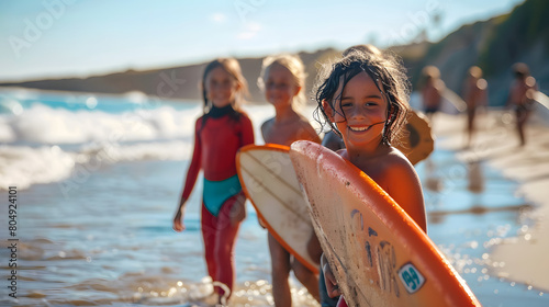 group of children with surfboard on a beach taking surfing lessons