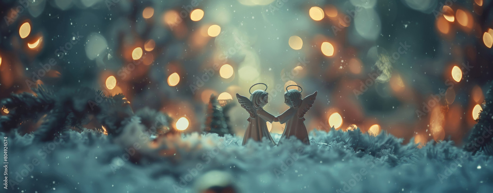 Fototapeta premium Two angel figurines holding hands in a snowy landscape, glowing softly under golden lights.