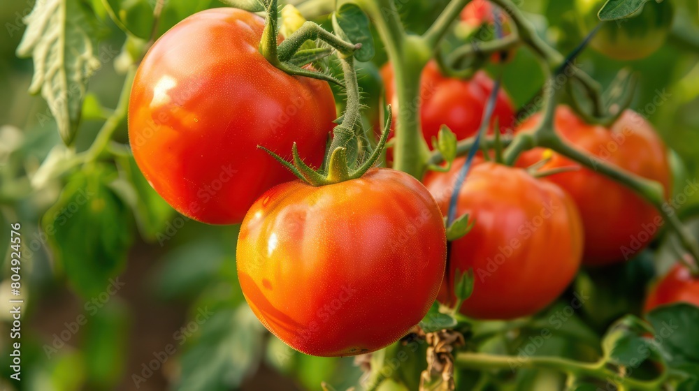 Medium shot of ripe red tomatoes on the plant with attention to detail showing the freshness and dewdrop texture on the fruit