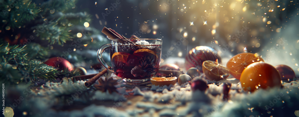 Christmas mulled wine in clear mug, garnished with citrus and spices, amidst festive decorations.