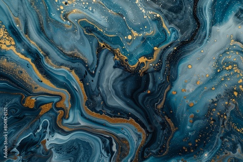A surface made of blue and gold colors, in the style of marble stone or paint colors ink mixing fluid.