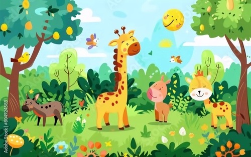 Background scene with illustrations of animals in a very beautiful garden