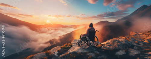 A person in a wheelchair experiencing a breathtaking sunset over misty mountains, evoking inspiration and peace.