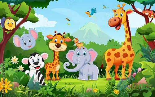 Background scene with illustrations of animals in a very beautiful garden