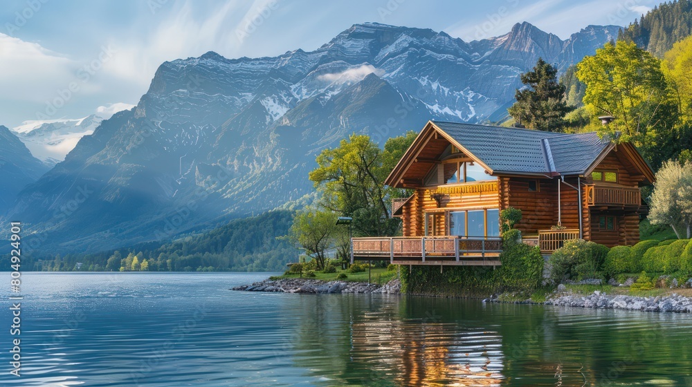 Fototapeta premium A scenic view of a cozy wooden house by the lakeside with lush green surroundings and the majestic mountains towering in the background