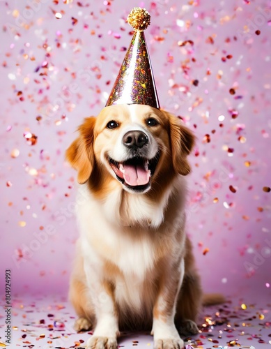cheerful dog in a festive cap on a pink background.