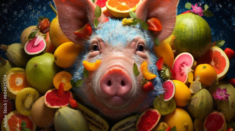 A pig with a fruit on it