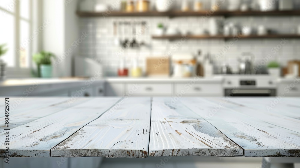 Wood table top on blur kitchen room background .For montage product display or design key visual layout. Wood table top on blur kitchen room background .For montage product display or design key visual layout.