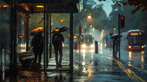 Rain-drenched individuals seek shelter at a bus stop, with red traffic signal adding a pop of color to the misty scene