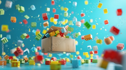 A playful 3D rendering of a cardboard box suspended in mid-air, with colorful toy bricks spilling out and floating around