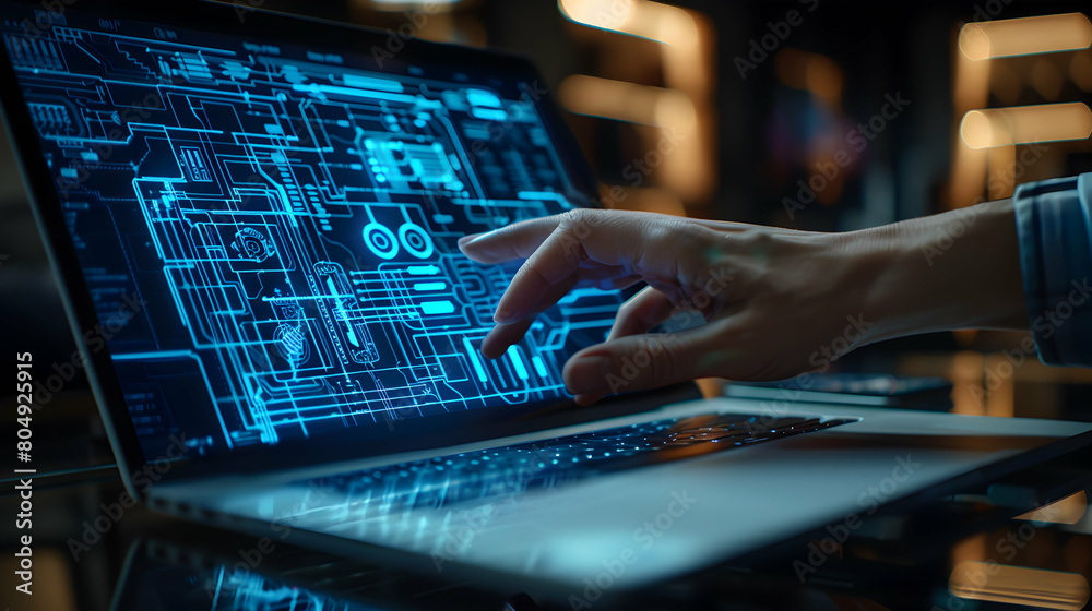 Interactive Blueprint: Hand Interacting with Laptop Showing Business Innovation Abstract Theme Interactive Blueprint: Hand Interacting with Laptop Showing Business Innovation Abstract Theme